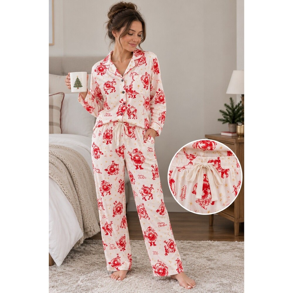 Old Navy Christmas Pajama Set Petite S Santa Reindeer 100% Cotton Holiday PJs